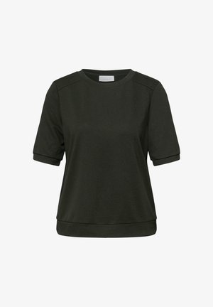 Tmavě zelené tričko s krátkými rukávy, kulatým výstřihem, složenými lemy rukávů a rovnou spodní hranou.