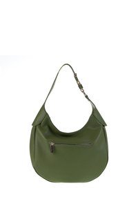 Borsa hobo verde in pelle con una finitura testurizzata, forma curva, tracolla regolabile e tasca con zip frontale.