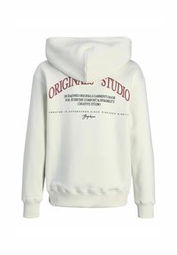 White hoodie with a large hood, ribbed cuffs, and hem. Features red text on the back, detailing brand and garment information. Soft material.