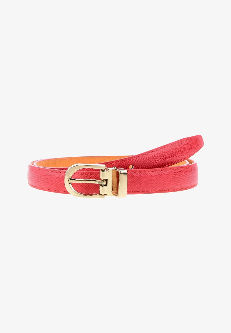 Ceinture en cuir rouge avec une boucle en métal doré. Elle présente une finition lisse et une texture subtile, agrémentée d'un logo près de la boucle.