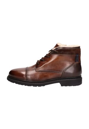 Botas de tobillo de cuero marrón con un acabado liso, cordones en la parte delantera, forro de piel sintética en el cuello y suela de goma para mayor agarre.