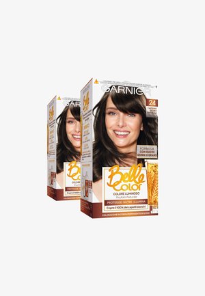 Confezione della tinta per capelli Garnier Belle Color che mostra una donna sorridente con capelli lunghi castano scuro, dettagli del prodotto in italiano e formula con olio di germe di grano.