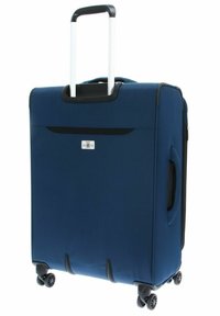Valigia blu navy con ruote, manico retrattile, tessuto texturizzato, maniglie laterali e quattro ruote multidirezionali per una facile mobilità.