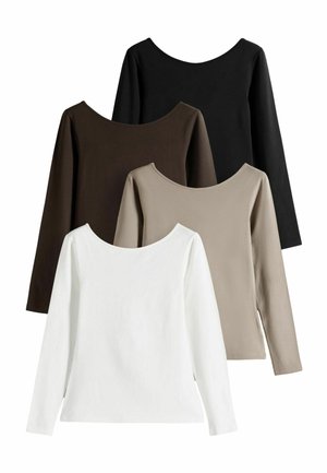 Fyra långärmade skjortor staplade: vit, ljusbeige, mörkbrun och svart, alla med en klassisk rundad halsringning.