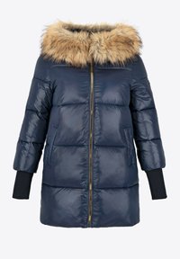 Marineblauwe pufferjas met een nepbont capuchon, gouden ritssluiting en zijzakken. Het ontwerp heeft een geborduurde textuur en driekwartmouwen.