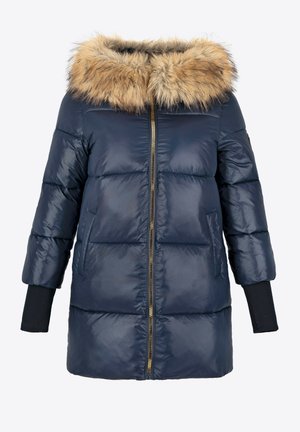 Námořnický pufrový kabát s umělou kožešinou na kapuci, zlatým zipem a bočními kapsami. Design má prošívanou texturu a tříčtvrteční rukávy.