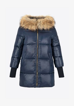 Námořnický pufrový kabát s umělou kožešinou na kapuci, zlatým zipem a bočními kapsami. Design má prošívanou texturu a tříčtvrteční rukávy.