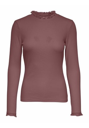 Damska bluzka na długi rękaw w kolorze przygaszonego różu, prążkowana, z marszczonym wysokim kołnierzem i marszczonymi mankietami, dopasowany fason.