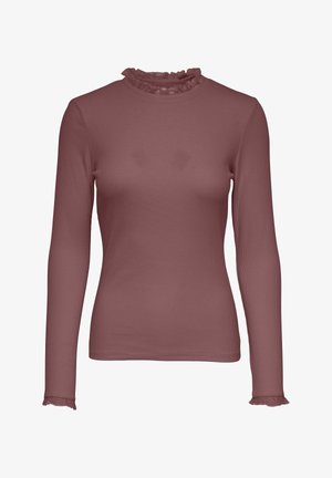 Maglia a maniche lunghe color rosa polvere con costine, scollo alto e arricciato e polsini arricciati, stile aderente.