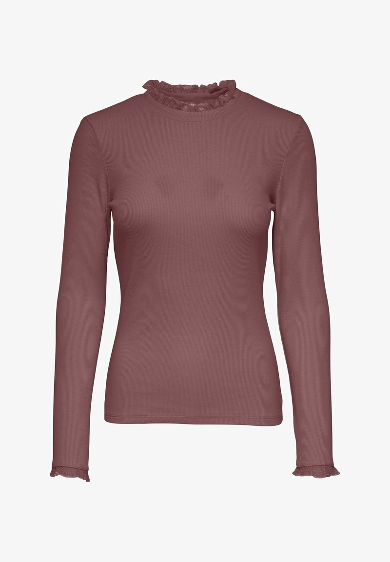 Haut côtelé rose poussiére à manches longues avec col montant à volants et poignets à volants, style ajusté.