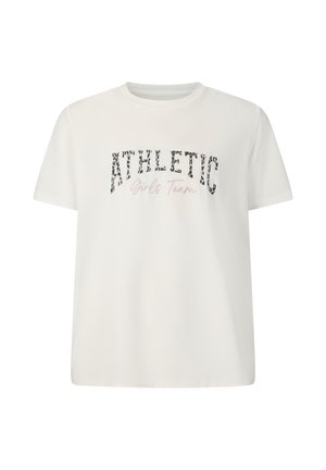 T-shirt blanc à manches courtes avec "ATHLETIC" en imprimé léopard et "Girls Team" en texte cursif rose centré sur le devant.