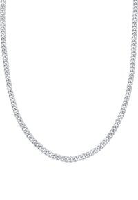 Collier en chaîne argentée avec un design de maillons plats et arrondis. Texture lisse et finition polie, présentant des maillons entrelacés régulièrement espacés.
