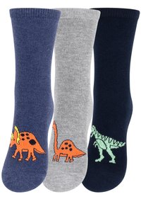 Tre paia di calzini di cotone: blu scuro con stampa di dinosauro arancione, grigio con dinosauro arancione, blu navy con dinosauro verde. Polsino a coste.