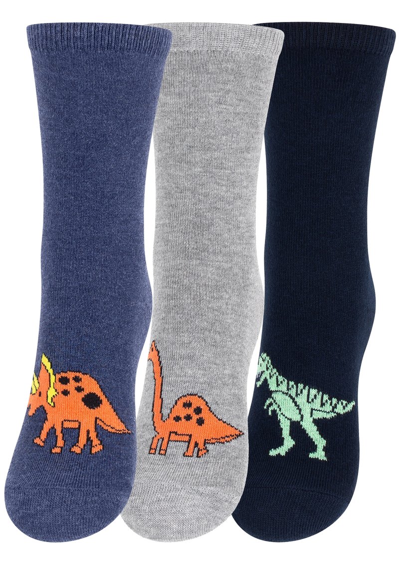 Tre paia di calzini di cotone: blu scuro con stampa di dinosauro arancione, grigio con dinosauro arancione, blu navy con dinosauro verde. Polsino a coste.