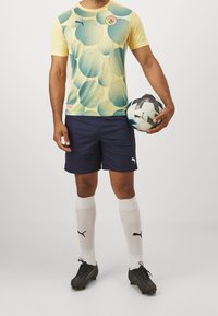 Žlutý a tyrkysový vzorovaný dres Puma s krátkým rukávem, námořnické šortky, bílé ponožky, černé fotbalové kopačky; drží černobílý fotbal.