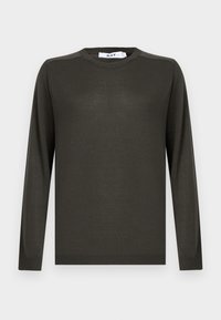 Tamsiai žalias mezginys megztinis su ilgomis rankovėmis, apvalia iškirpte ir ribotais rankogaliais. Pagamintas iš glotnios, lengvos medžiagos su minimaliomis detalėmis.