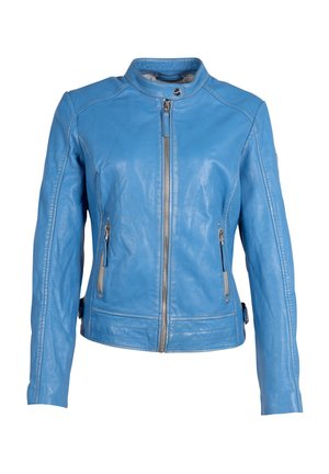 Blauwe leren jas met een ritssluiting aan de voorkant, twee zakken met ritssluiting aan de zijkanten en een ronde kraag. De textuur is glad met een subtiele glans.