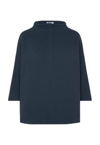 Dunkelblaues Pulloveroberteil mit hohem Kragen, Dreiviertelärmeln, strukturiertem Stoff und geradem Schnitt. Mit einer mittleren Naht.