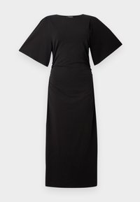 Black maxi dress with short, wide sleeves and a ruched waistline. Made of soft fabric, featuring a simple, straight silhouette.