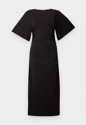 Black maxi dress with short, wide sleeves and a ruched waistline. Made of soft fabric, featuring a simple, straight silhouette.