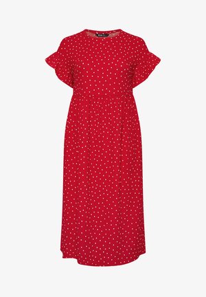 Robe midi rouge à pois blancs, manches courtes à volants, encolure ronde et couture ajustée à la taille.