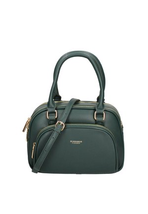 Green textured handbag with dual top handles and a detachable strap. Features gold hardware and a subtle logo on the front.