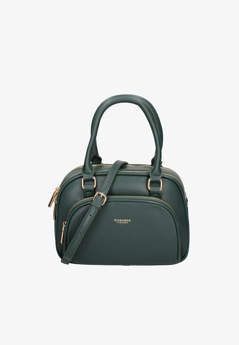 Groene, gestructureerde handtas met dubbele handgrepen bovenaan en een afneembare schouderriem. Bevat gouden hardware en een subtiel logo aan de voorkant.