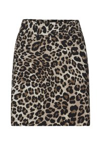 Jupe imprimée léopard avec taille élastique, en tissu doux, avec une base beige et des taches marron foncé et noires.