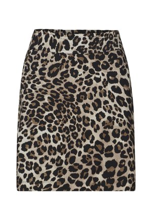 Løveprint nederdel med elastisk talje, fremstillet af blødt stof, med en beige bund og mørkebrune og sorte pletter.