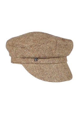 Brown herringbone wool baker boy cap with a short curved brim and a small round metal logo stud on the side.