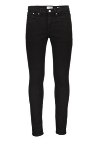 Jean skinny noir avec poches avant, passants de ceinture et fermeture à bouton, présenté sur un fond blanc uni.