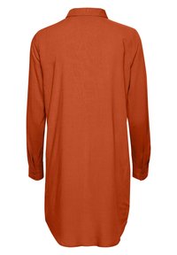 Robe chemise à manches longues couleur orange brûlé avec poignets boutonnés, col pointu et ourlet arrondi, vue de dos sur fond blanc.