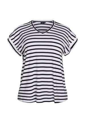 Balta ir juoda juostuota trumpomis rankovėmis marškinėliai. V-kaklo dizainas, laisvas kirpimas ir minkšta medžiagos tekstūra. Be papildomų puošmenų.