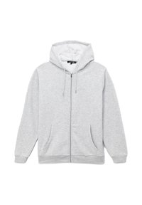 Grau zip-up Hoodie aus weichem Material. Verfügt über eine Kapuze, Fronttaschen und verstellbare Kordeln. Glatte Oberfläche mit gerippten Bündchen.