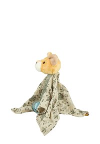 Plush lion head with cream and orange fur attached to a patterned beige and green blanket featuring leaves and animal motifs.