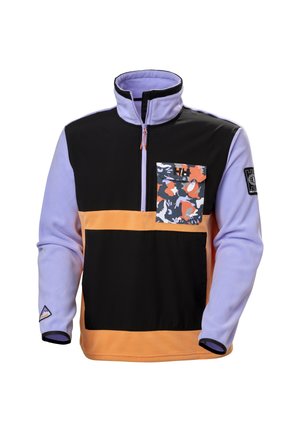 Fleece trui met een halve ritssluiting kraag; zwarte, lavendelkleurige en oranje panelen; voorzak heeft een meerkleurig camouflagepatroon.