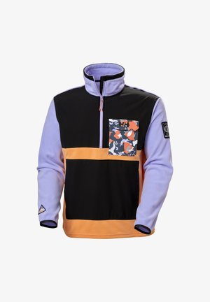 Polarowy pulower z kołnierzem na pół-zamek; czarne, lawendowe i pomarańczowe panele; kieszeń z przodu z wielokolorowym wzorem w kamuflaż.