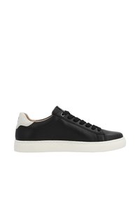 Schwarze Leder-Sneaker mit weißer Gummisohle, runder Zehenpartie und kontrastierendem Fersenakzent. Verfügt über schwarze Schnürsenkel und minimalistische Nähte.