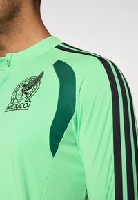 Πράσινη αθλητική φανέλα με φερμουάρ στον γιακά, μαύρες ρίγες στα μανίκια και μια μαύρη εκτυπωμένη λογότυπο με σχέδιο φτερών.