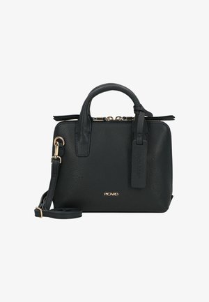 Sac à main en cuir noir avec une texture granuleuse, doté de poignées supérieures doubles, d'une bandoulière réglable et d'accents en matériel doré.