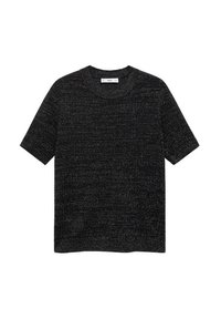 Czarny T-shirt z krótkim rękawem wykonany z teksturowanej tkaniny z delikatnym melanżowym wzorem. Posiada okrągły dekolt i luźny krój.