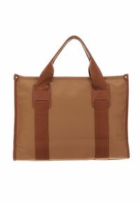 Sac fourre-tout en nylon brun avec deux poignées en tissu brun, de forme rectangulaire, et des coutures contrastantes. Pas de quincaillerie ou de motifs visibles.