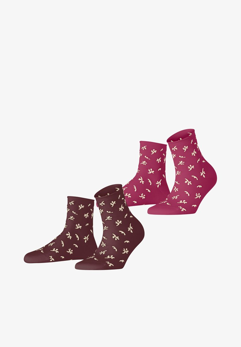 Ankle socks in brown and pink, featuring an all-over floral pattern in cream. Soft material, ribbed cuffs, and a fitted design.