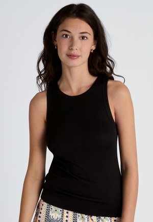 Top senza maniche nero con scollo rotondo, realizzato in un tessuto liscio. Presenta una silhouette aderente e un design semplice e pulito.