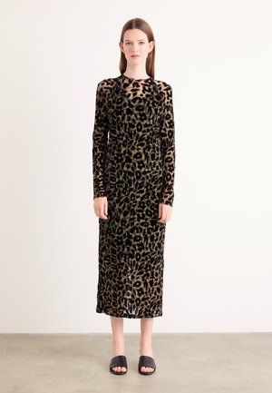 Leopard print, long-sleeve, sheer dress in black and olive green, featuring a fitted silhouette and a mid-length hem. Smooth texture, relaxed fit.