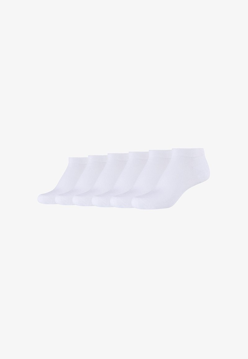 Seis pares de meias brancas, altura do tornozelo, feitas de um material macio e elástico. Cada meia apresenta um punho canelado e uma textura suave.