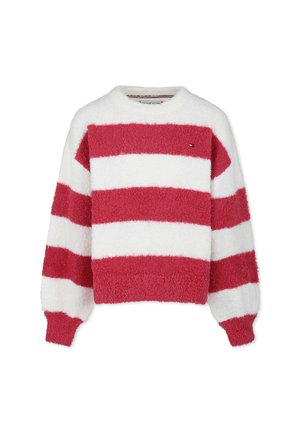 Maglione a righe rosse e bianche con texture morbida, collo rotondo e polsini a coste. Presenta un piccolo dettaglio con logo vicino al petto.
