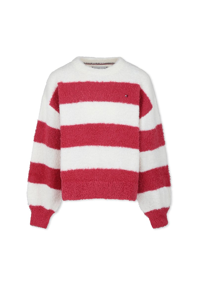 Maglione a righe rosse e bianche con texture morbida, collo rotondo e polsini a coste. Presenta un piccolo dettaglio con logo vicino al petto.