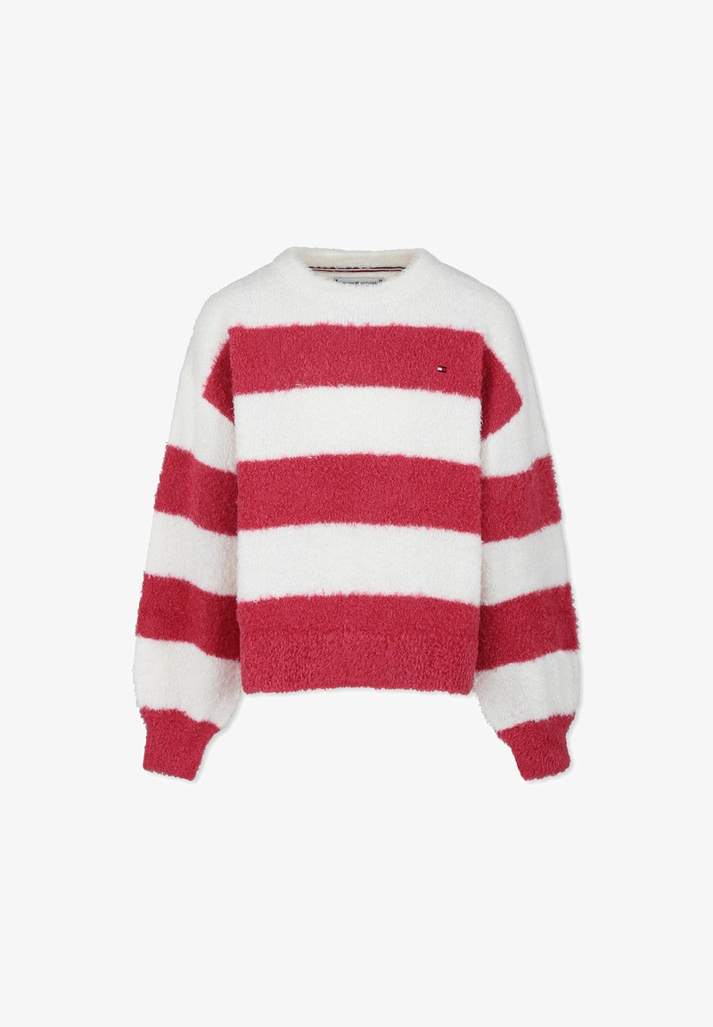 Maglione a righe rosse e bianche con texture morbida, collo rotondo e polsini a coste. Presenta un piccolo dettaglio con logo vicino al petto.