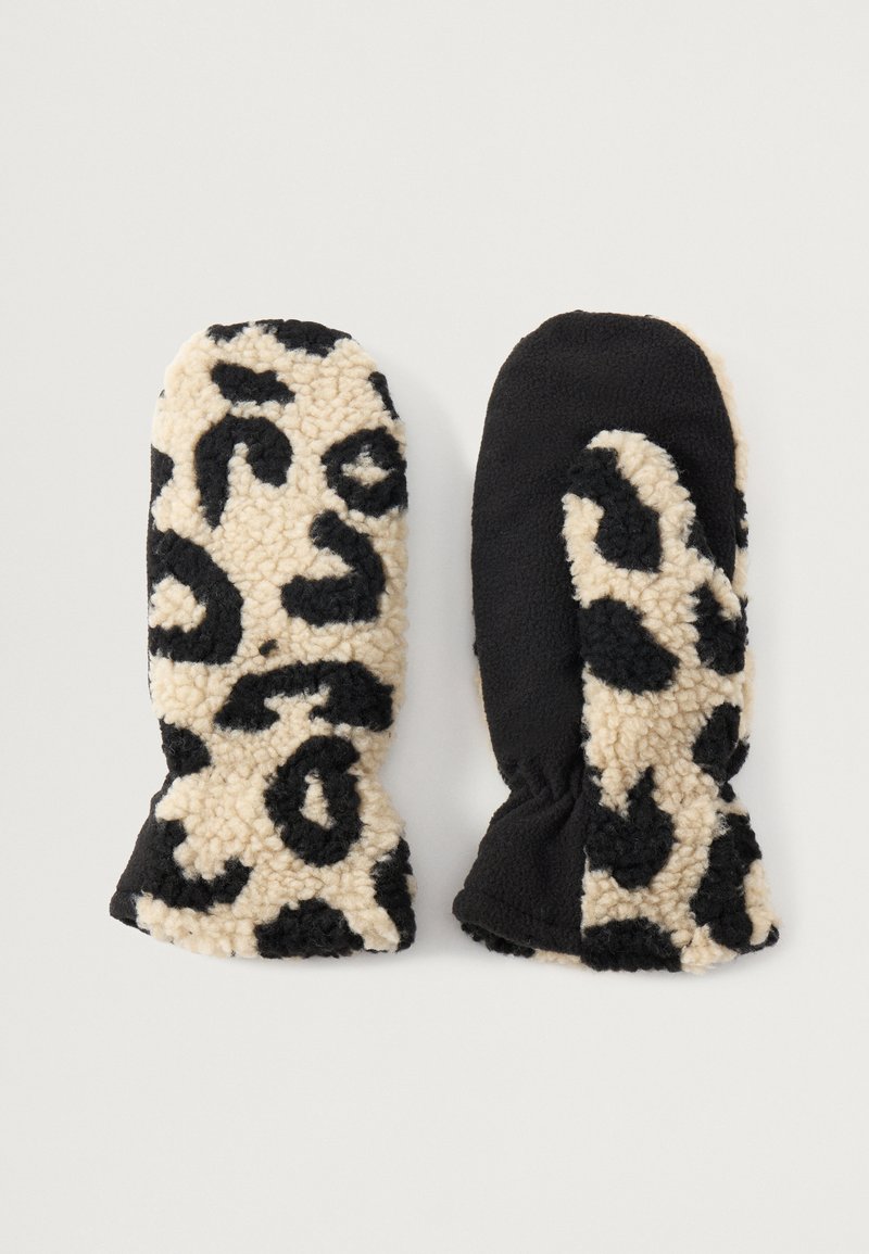 Faux furvantar med ett krämfärgat och svart leopardmönster på ena sidan och helsvart på andra sidan, med en texturerad, mjuk yta.